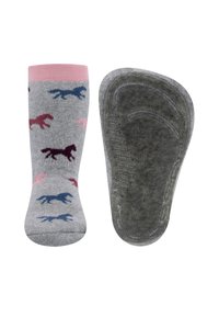 Szare skarpetki z wzorem koni w odcieniach różu, niebieskiego i burgunda. Różowa góra oraz teksturowany szary spód dla lepszej przyczepności.