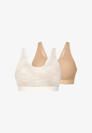 Deux soutiens-gorge sans armatures à motif en dentelle, un blanc et un beige, présentés côte à côte sur un fond blanc.