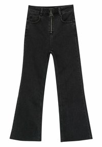 Svarta utsvängda jeans i denim med dragkedja fram, bältesömmar, fem fickor och en ren finish. Ligger platt.