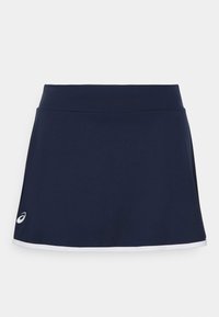 Falda deportiva navy hecha de material elástico, con una cinturilla ancha y borde blanco en el dobladillo. Pequeño logotipo en la parte inferior izquierda.