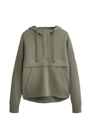 Olivgrüner Hoodie mit Kordelzugkapuze, Fronttasche und Nahtdetail. Hergestellt aus weichem, strukturiertem Stoff mit lockerer Passform.