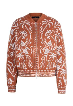 Rūsas krāsas adīts džemperis ar rāvējslēdzēju, ar baltiem tropu palmu koku un ziedu rakstiem visā džemperī.