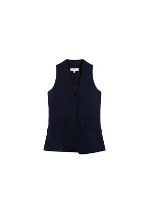 Chaleco azul marino entallado sin mangas con cuello de solapa y dos bolsillos delanteros con solapa, diseñado para ropa formal o de negocios.