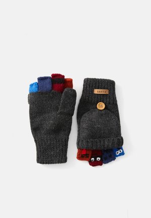Fingerless gloves made of dark gray knitted material. Features multicolored fingertip accents and a decorative button with a label.