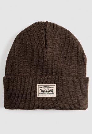 Brown knit beanie with a folded cuff. Features a rectangular woven label with the Levi Strauss & Co. logo and text. Soft texture.