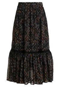 Jupe florale noire avec taille élastique, ourlet volanté, motif floral multicolore dispersé, réalisée en tissu léger et fluide.
