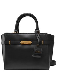 Sort læder håndtaske med struktureret design, guldfarvet hardware, dobbelte topremme og et aftageligt mærke med brandlogoet.