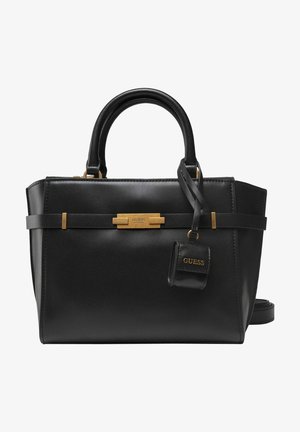 Czarna skórzana torebka o wyrafinowanym fasonie, z metalowymi elementami w kolorze złotym, podwójnymi uchwytami u góry oraz odpinanym metkiem z logo marki.