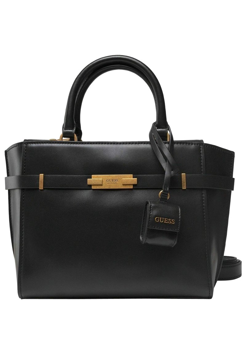 Sort læder håndtaske med struktureret design, guldfarvet hardware, dobbelte topremme og et aftageligt mærke med brandlogoet.