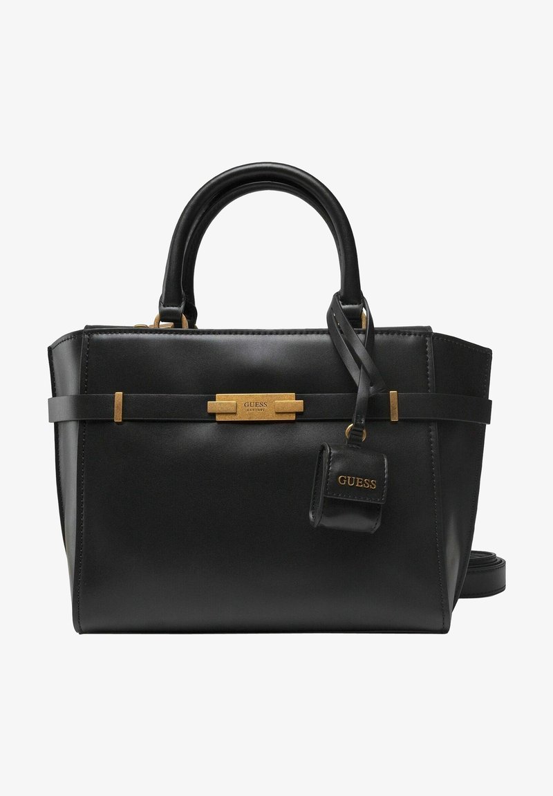 Sort læder håndtaske med struktureret design, guldfarvet hardware, dobbelte topremme og et aftageligt mærke med brandlogoet.