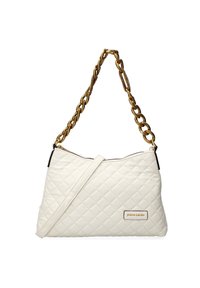 Borsa bianca trapuntata in materiale sintetico, con tracolla in catena dorata e una toppa con logo, dotata di zip superiore e forma piatta.