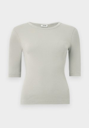 Light grey ribbed short-sleeve top with a round neckline and fitted shape. Smooth texture and subtle stretch for comfort.