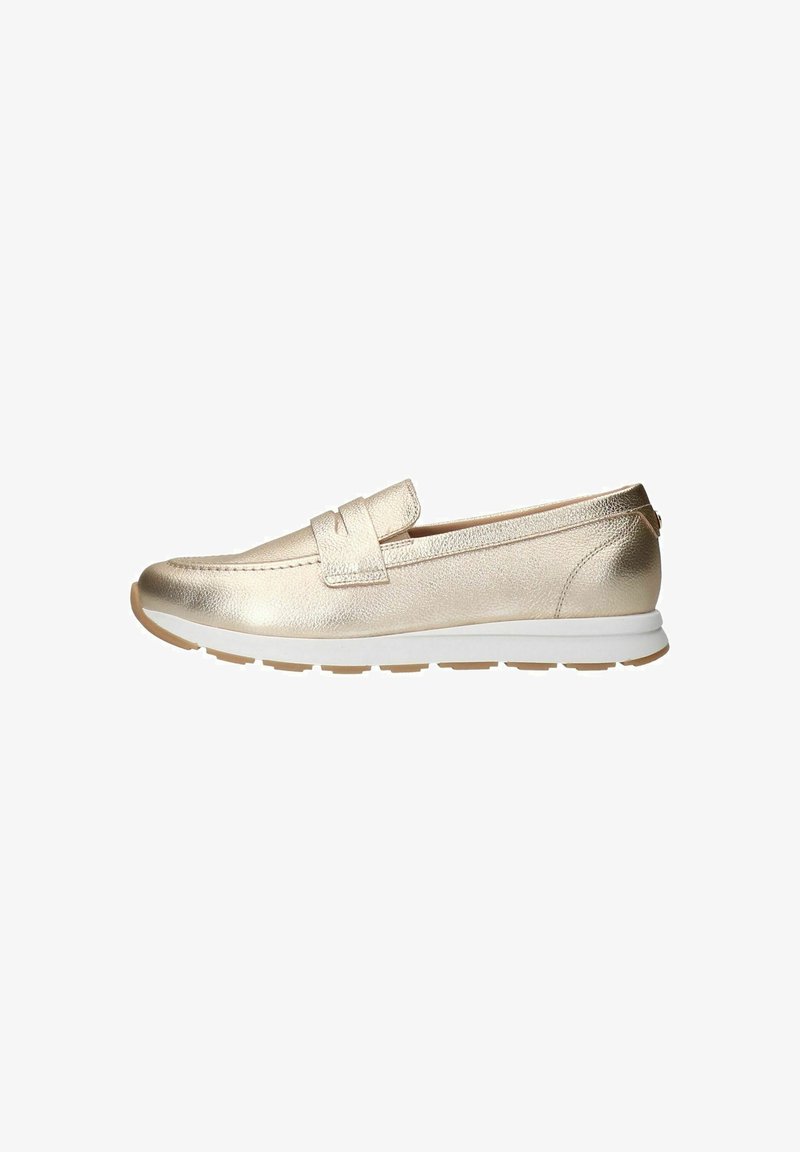 Gold metallic slip-on loafers with a smooth texture, rubber sole, and minimal stitching details. Rounded toe and flat heel design.