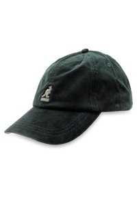 Dark green corduroy cap with a curved brim. Features an embroidered kangaroo logo on the front and visible stitching details.