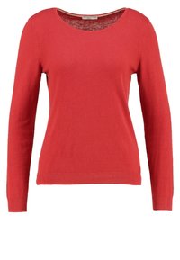 Pull rouge à manches longues avec un col rond, fabriqué en un tissu tricot doux et lisse. Dispose de poignets et d'un ourlet côtelés pour un look ajusté.