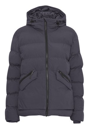 Dark purple puffer jacket with a hood, horizontal quilted design, front zipper, and two zippered pockets on the chest. Smooth texture.