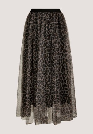 Jupe longue imprimée léopard avec superposition transparente et taille élastique noire, fluide et superposée avec un motif animal dans des tons de brun et de noir.