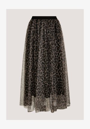 Długa spódnica w panterkę z przezroczystą warstwą i czarnym elastycznym pasem, zwiewna i warstwowa, w zwierzęce wzory w odcieniach brązu i czerni.