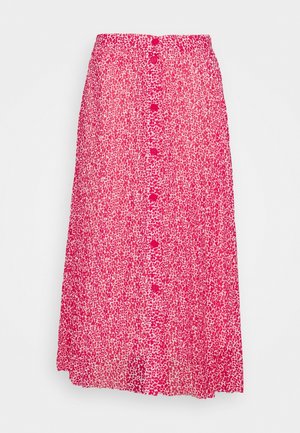Midi-rok met een klein roze en rood bloemmotief, knoopsluiting aan de voorkant en geplooide stof.