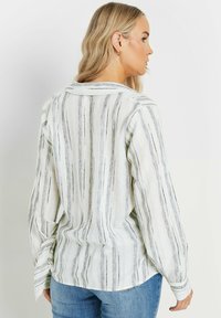 Blusa de manga larga en tejido ligero, con rayas verticales negras y grises sobre un fondo beige, con un cuello clásico y puños abotonados.