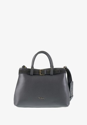 Dark gray leather handbag with dual handles, a black suede belt detail with gold buckle, and a detachable shoulder strap.