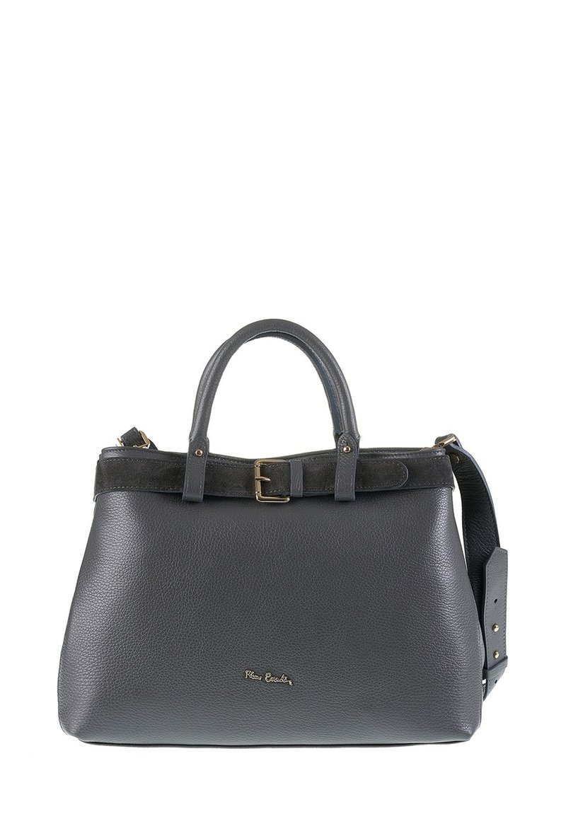Donkergrijze leren handtas met dubbele handvatten, een zwart suède riemdetail met gouden gesp en een afneembare schouderriem.