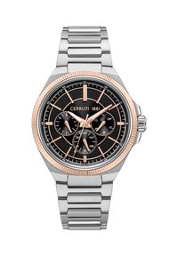 Orologio Cerruti 1881 con bracciale in acciaio inox argento, quadrante nero testurizzato, dettagli in oro rosa e tre sottodial. Lunetta girevole.
