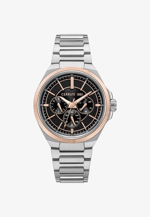 Cerruti 1881 pulkstenis ar sudraba nerūsējošā tērauda siksnu, melnu teksturētu ciparnīcu, rožu zelta akcentiem un trim subciparnīcām. Rotējošs rāmītis.