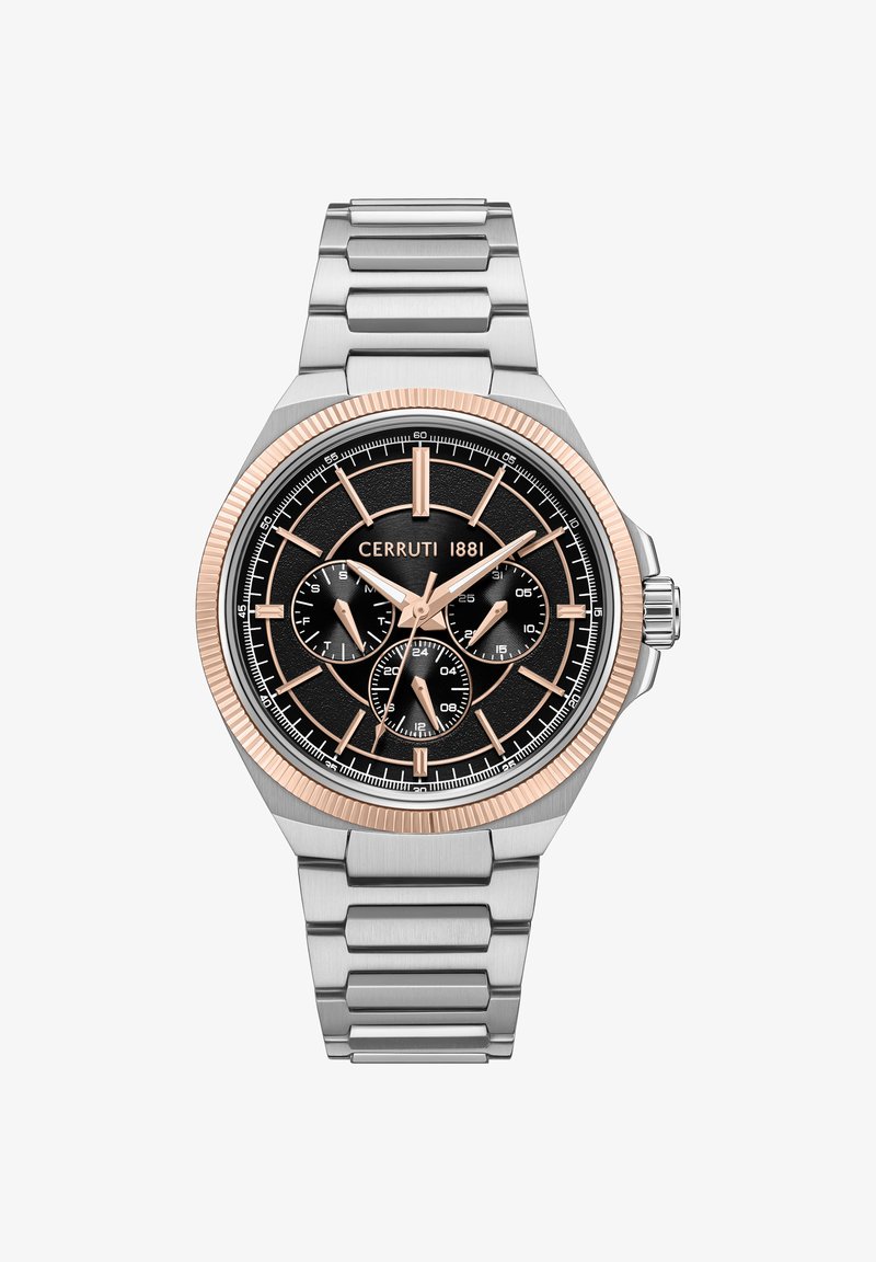 Cerruti 1881 laikrodis su sidabro nerūdijančio plieno apyranke, juodu tekstūruotu ciferblatu, rožinės aukso akcentais ir trimis subciferblatais. Sukantis bezelis.