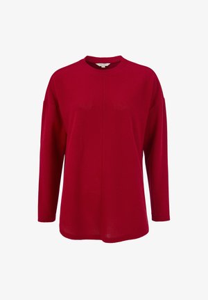 Roter gerippter Pullover mit langen Ärmeln und rundem Halsausschnitt, mit überschnittenen Schultern, entspannter Passform und glatter Textur.