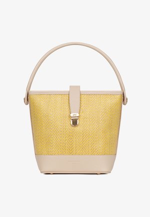 Yellow patterned bucket handbag with beige leather trim, single handle, and gold-tone clasp on a white background.