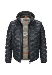 Schwarze Leder-Puffermantel mit gepolsterter Textur, Reißverschluss, abnehmbarer Kapuze und kontrastierenden orangen Details im Innenfutter.