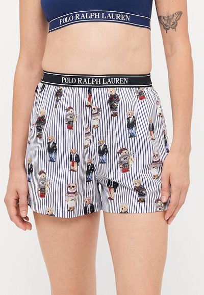 Baumwoll-Boxershorts mit einem navy- und weißen Streifenmuster, das verschiedene illustrierte Teddybären in Outfits zeigt. Elastischer Bund mit Logodetail.
