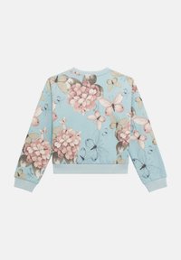 Felpa azzurro chiaro con stampe floreali e di farfalle. Presenta polsini e orlo a costine. Tessuto morbido con vestibilità comoda e scollatura rotonda.