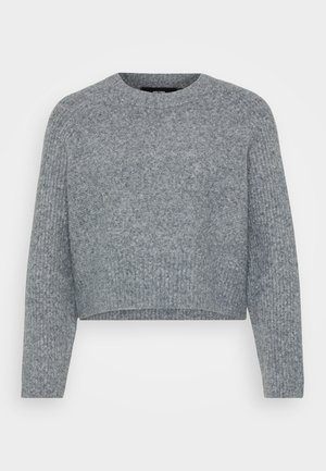 Gray, cropped sweater in a textured knit, featuring a round neckline and long sleeves. Material appears soft and warm.
