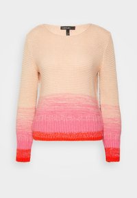 Sweter dzianinowy z okrągłym dekoltem, w kolorze gradientu od brzoskwiniowego do różowego, kończący się jasnopomarańczowym pasem i mankietami. Teksturowana tkanina.