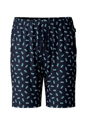 Marine zwemshorts met een herhaald patroon van lichtblauwe en grijze boten, voorzien van een elastische tailleband en twee zijzakken.