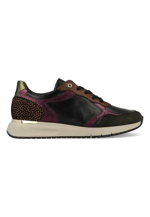 Black leather sneaker with purple and brown accents, textured heel, metallic detail, and a contrasting sole. Features black laces and a round toe.