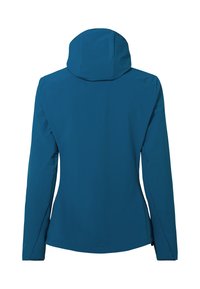 Veste à capuche bleue à manches longues vue de dos, avec une taille ajustée et un tissu simple et lisse.