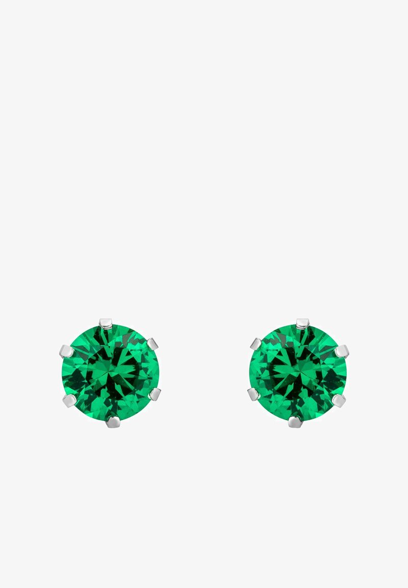 Pendientes de botón en verde esmeralda con piedras de corte redondo, engastadas en seis garras metálicas, con una base de tono plateado pulido.