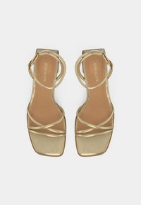 Sandale aurii cu barete, cu vârf pătrat, având barete subțiri metalice și o talpă de culoare maro deschis. Finisaj neted cu accente minime de accesorii.