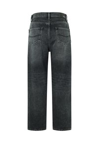 Juodi džinsai su plačiomis kojomis, turintys užpakalines kišenes, lygų paviršių ir kontrastingą siūlą palei siūles.