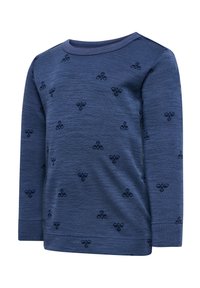 Langarmhemd in marineblau aus weichem Material, mit einem dezenten, gleichmäßigen Muster aus kleinen dunkelblauen Motiven und einem Rundhalsausschnitt.