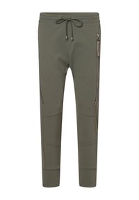 Olivgröna joggers i ett mjukt, elastiskt material, med dragkedjefickor på sidorna, midja med snörning och förstärkta knäpartier.