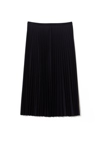 Black pleated skirt with a flat waistband. Made from a smooth material with vertical pleats running the full length, offering a flowing design.