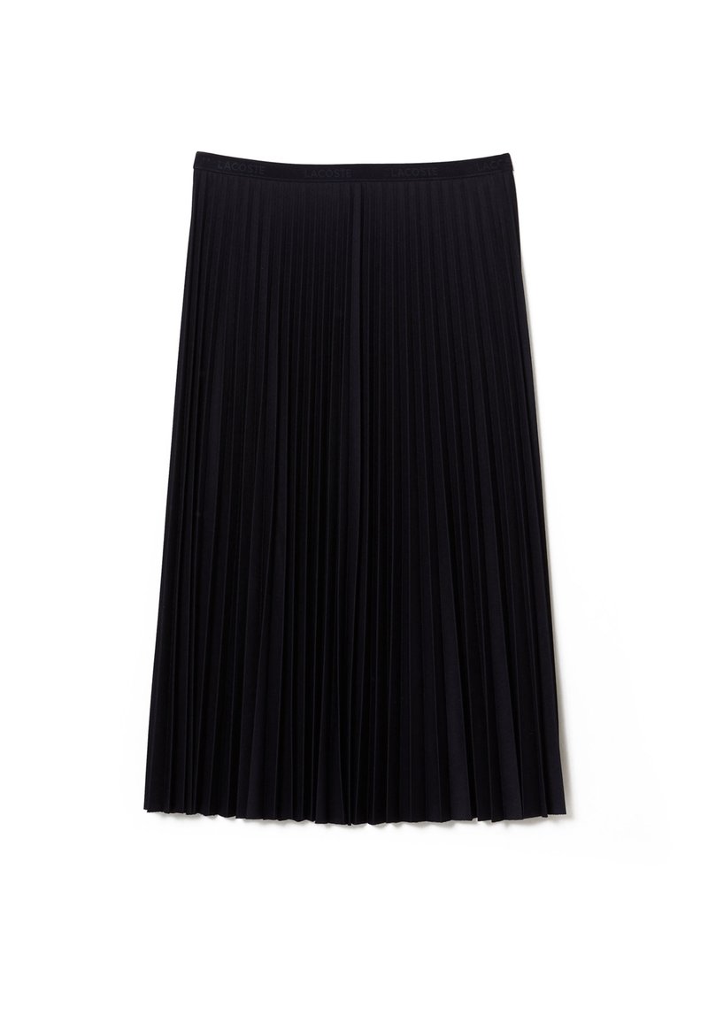 Black pleated skirt with a flat waistband. Made from a smooth material with vertical pleats running the full length, offering a flowing design.