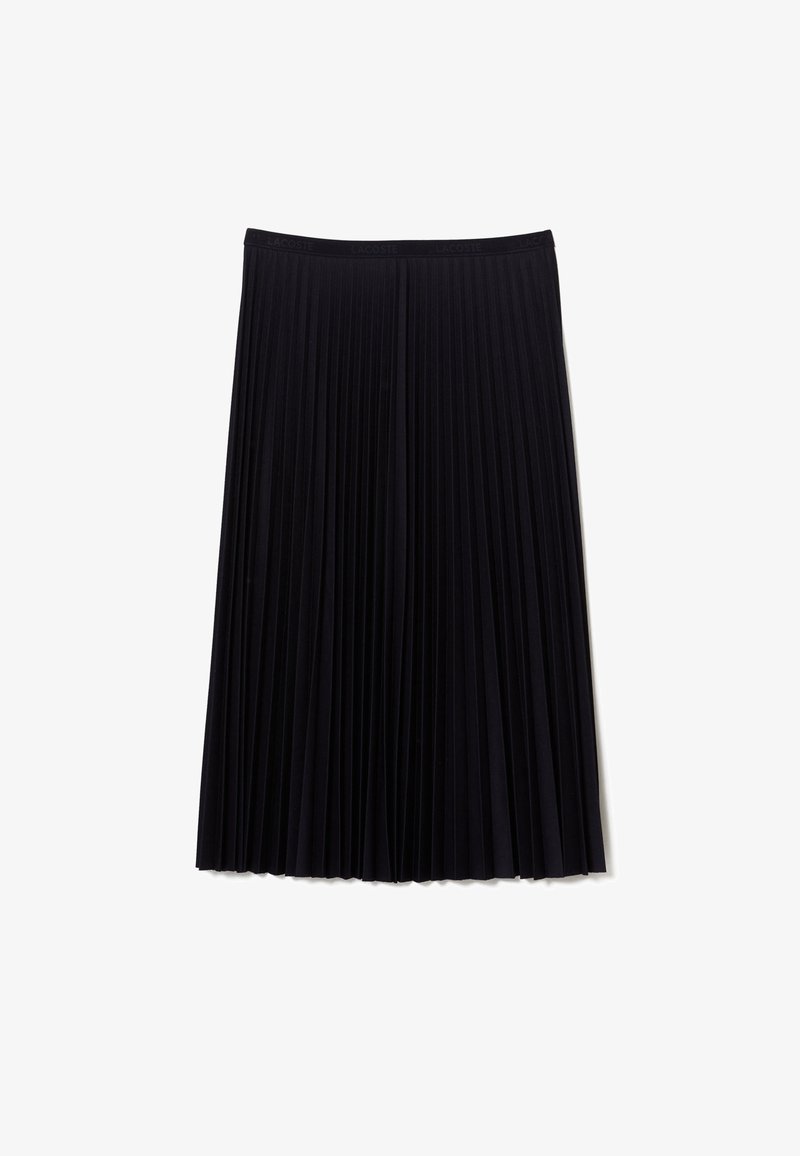 Black pleated skirt with a flat waistband. Made from a smooth material with vertical pleats running the full length, offering a flowing design.