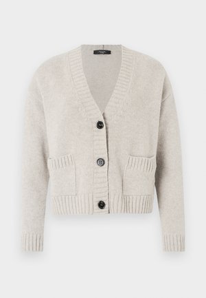 Hellgraue Strickjacke aus weichem, strukturiertem Stoff. Verfügt über einen V-Ausschnitt, gerippte Bündchen und Saum sowie drei schwarze Knöpfe und zwei Vordertaschen.