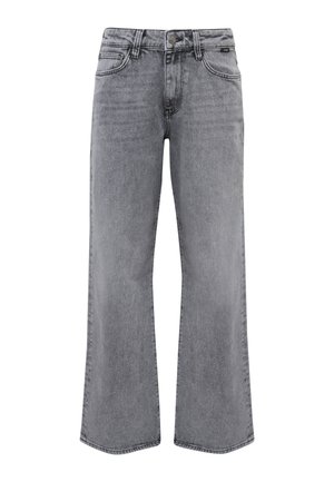 High-waisted, wide-leg gray denim jeans with front button, zipper closure, belt loops, and five-pocket design.