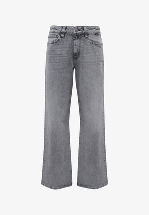 Hochtaillierte, weit geschnittene graue Jeans aus Denim mit vorderem Knopf, Reißverschluss, Gürtelschlaufen und Fünf-Taschen-Design.